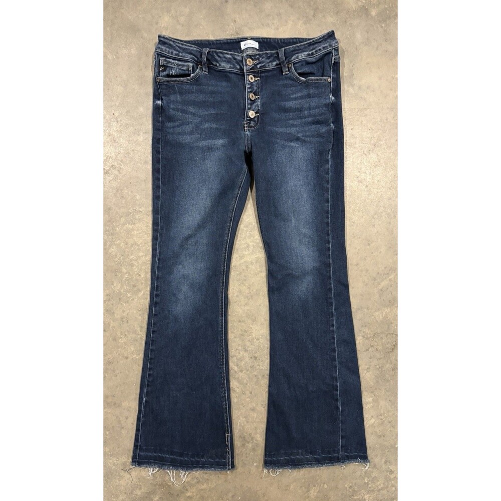 KanCan Flare Jeans Medium Wash Button Fly Denim Womens Size 15/31 Raw Hem